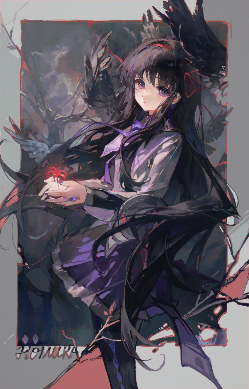 1girl absurdres akemi_homura black_hair black_pantyhose character_name expressionless feet_out_of_frame floating_hair flower from_side grey_shirt hairband highres inset_border long_hair long_sleeves looking_at_viewer maccha_(mochancc) mahou_shoujo_madoka_magica miniskirt neck_ribbon outside_border own_hands_together pantyhose parted_lips pleated_skirt purple_eyes purple_ribbon purple_skirt red_hairband ribbon shirt sidelocks skirt solo spider_lily straight_hair