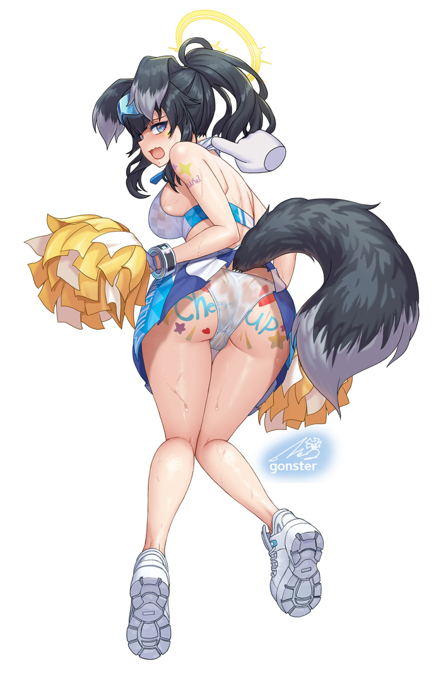 1girl animal_ears ass bikini bikini_top_only black_hair blue_archive blue_eyes blue_skirt blush bracelet breasts cameltoe cheerleader disembodied_limb dog_ears dog_girl dog_tail fang from_behind gonster halo hibiki_(blue_archive) hibiki_(cheer_squad)_(blue_archive) highres jewelry leg_between_thighs looking_at_viewer median_furrow medium_breasts millennium_cheerleader_outfit_(blue_archive) miniskirt official_alternate_costume official_alternate_hairstyle panties pom_pom_(cheerleading) see-through_panties shoes sideboob signature simple_background skin_fang skirt sneakers solo sweat swimsuit tail twisted_torso two-tone_skirt underwear very_sweaty wet wet_clothes wet_panties white_background white_bikini white_skirt yellow_halo