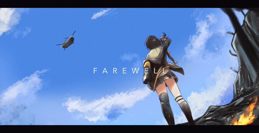 1girl absurdres aircraft black_dress black_gloves black_jacket blue_sky braid brown_hair cloud day dress english_text fire from_behind gf_hatter girls'_frontline gloves helicopter highres jacket long_hair m16a1_(girls'_frontline) multicolored_hair outdoors ruins salute shirt sky solo yellow_shirt