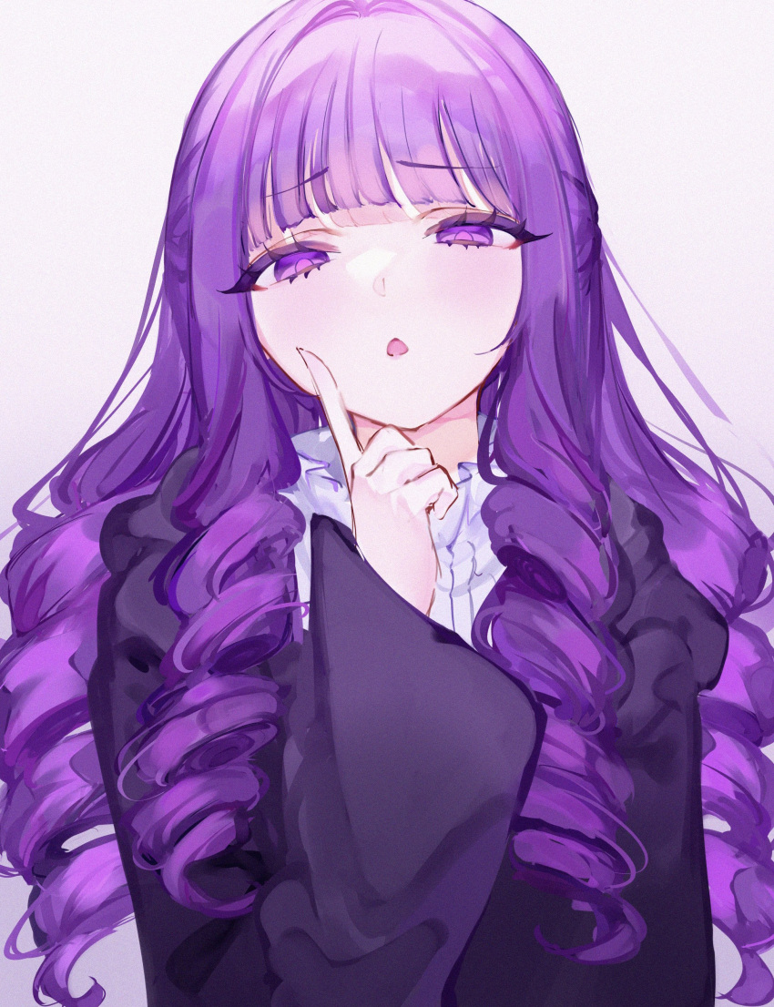 1girl absurdres drill_hair fern_(sousou_no_frieren) half-closed_eyes hand_up highres index_finger_raised jacket long_hair long_sleeves looking_at_viewer mile_(off8mile) open_mouth purple_eyes purple_hair purple_jacket simple_background solo sousou_no_frieren upper_body