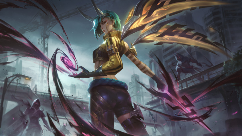 1girl absurdres arm_tattoo building city cowboy_shot crop_top demon_horns eyeshadow facial_mark gloves green_hair highres horns inkshadow_kai'sa jacket kai'sa lamppost league_of_legends makeup midriff official_alternate_costume official_art red_eyes red_eyeshadow sheo-bin standing tattoo weapon yellow_jacket