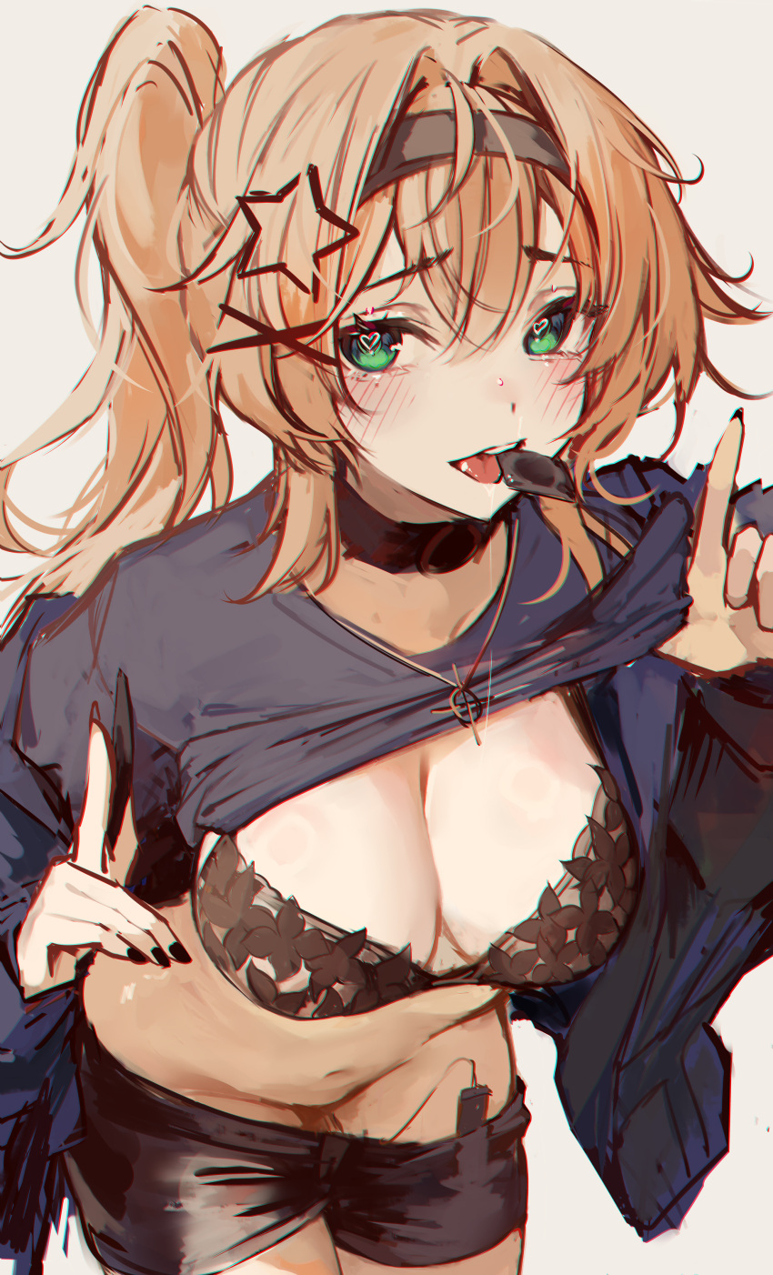 1girl absurdres black_bra black_collar black_hairband black_jacket black_nails black_shirt black_shorts blonde_hair bra breasts clothes_lift clothes_pull collar condom condom_in_mouth dokibird_(vtuber) green_eyes hair_intakes hairband heart heart_in_eye highres indie_virtual_youtuber jacket large_breasts leaning_forward long_hair long_sleeves looking_at_viewer mouth_hold naokomama navel no_panties open_clothes open_jacket sex_toy shirt shirt_lift short_shorts shorts shorts_pull side_ponytail simple_background solo stomach symbol_in_eye underwear vibrator white_background