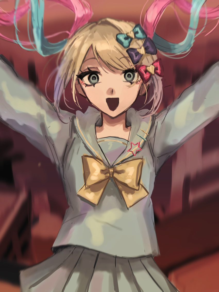 1girl :d blonde_hair blue_eyes blue_sailor_collar blue_serafuku blue_shirt blue_skirt bow chouzetsusaikawa_tenshi-chan commentary cowboy_shot english_commentary falling floating_hair hair_bow highres long_hair long_sleeves looking_at_viewer neckerchief needy_girl_overdose open_mouth pleated_skirt sailor_collar sanmanako school_uniform serafuku shirt skirt smile solo straight-on suicide swept_bangs twintails yellow_neckerchief