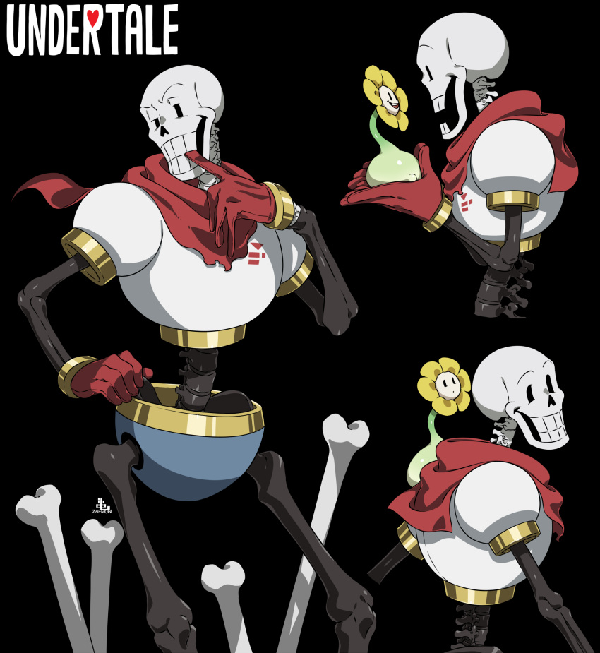 1boy biting black_background bone cape cel_shading commentary_request copyright_name cropped_torso feet_out_of_frame flower flowey_(undertale) from_side glove_biting gloves grin hand_on_own_hip hand_up highres holding holding_flower kamezaemon looking_at_viewer male_focus multiple_views open_mouth papyrus_(undertale) profile red_cape red_gloves simple_background skeleton smile solid_oval_eyes spine standing teeth undertale uneven_eyes upper_body yellow_flower