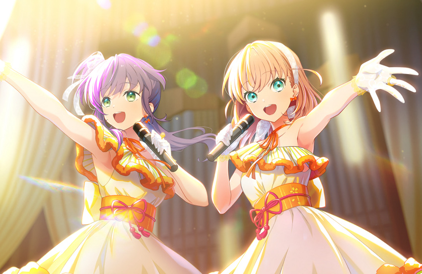 2girls :d armpits artist_request asymmetrical_dress back_bow bare_arms blurry blurry_background bokeh bow bow_earrings breasts cerise_bouquet choker collarbone crossed_bangs depth_of_field dress earrings frills gloves green_eyes hairband highres hinoshita_kaho holding holding_microphone idol_clothes jewelry link!_like!_love_live! long_hair looking_ahead looking_at_viewer love_live! medium_breasts medium_hair microphone multiple_girls obi off-shoulder_dress off_shoulder official_alternate_costume official_art open_mouth orange_bow orange_hair orange_ribbon orange_sash otomune_kozue purple_hair ribbon ribbon_choker ring sash side_ahoge side_ponytail sidelocks sleeveless sleeveless_dress smile stage stage_curtains teeth upper_body upper_teeth_only white_gloves white_hairband yellow_dress
