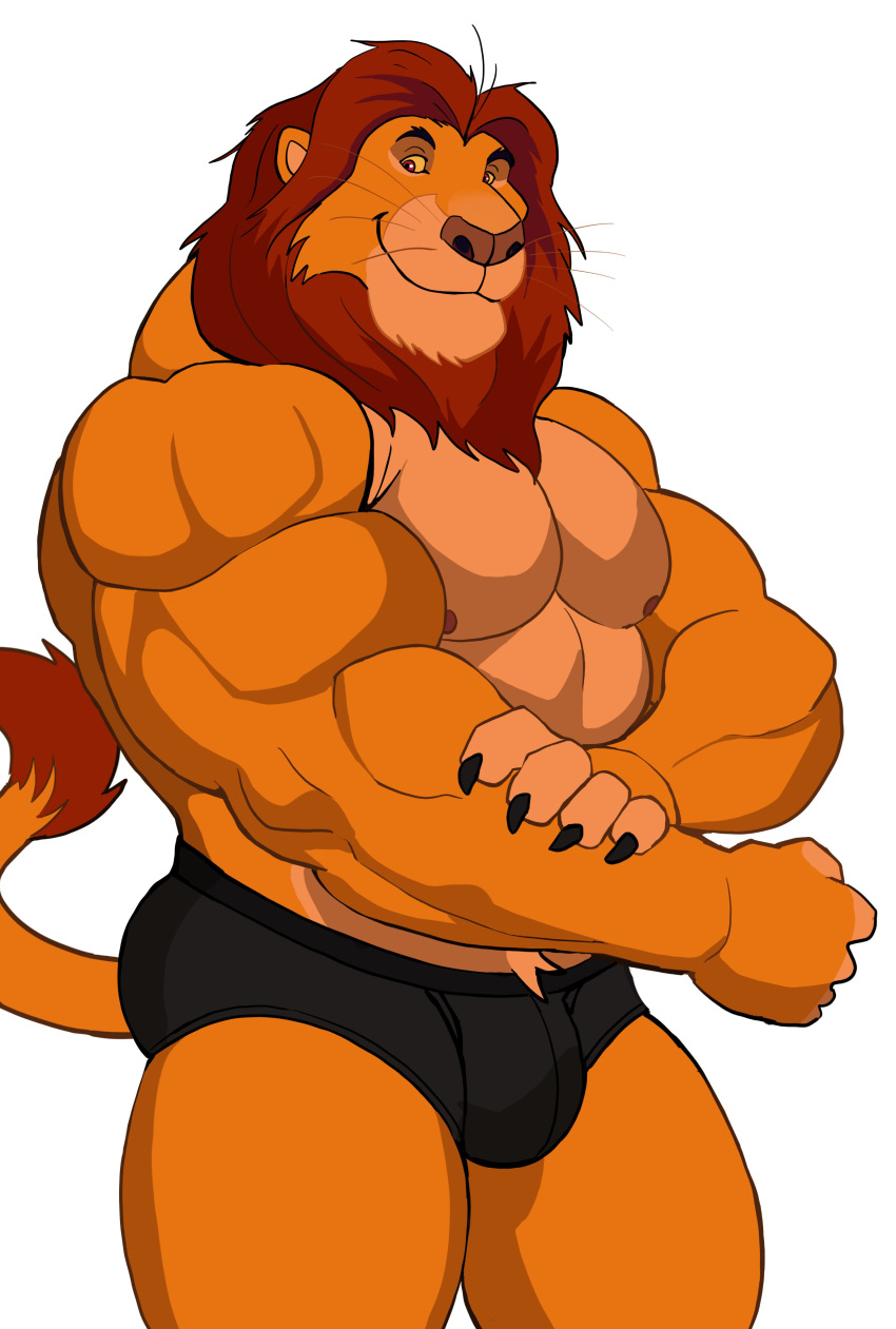 1boy absurdres ass bara bulge claws darknaigart flexing furry furry_male highres large_pectorals lion_boy looking_at_viewer male_focus male_underwear mane manly mature_male mufasa muscular muscular_male nipples no_pants orange_fur pectorals red_eyes red_fur simple_background smile solo tail the_lion_king thick_arms thick_thighs thighs topless_male underwear white_background