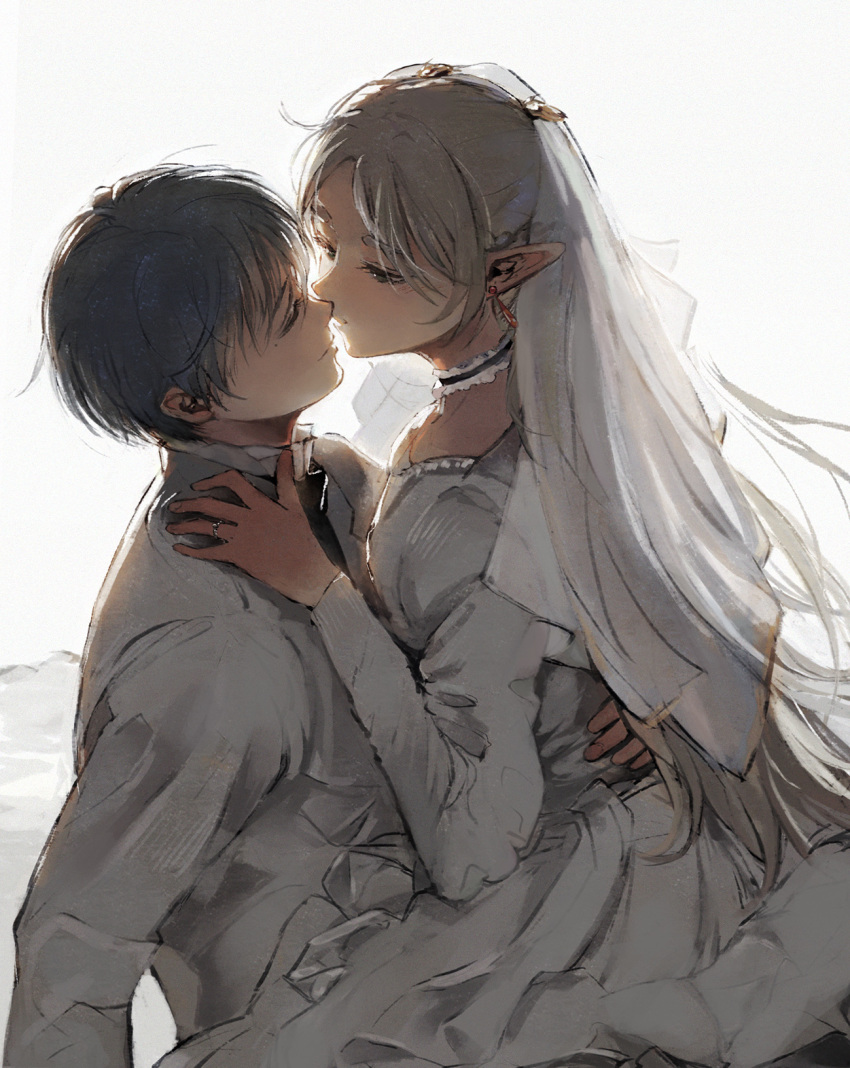 1boy 1girl bridal_veil collar dress earrings elf frieren green_eyes highres himmel_(sousou_no_frieren) hug humica jewelry pointy_ears ring short_hair sitting sousou_no_frieren veil wedding_dress wedding_ring white_background white_hair