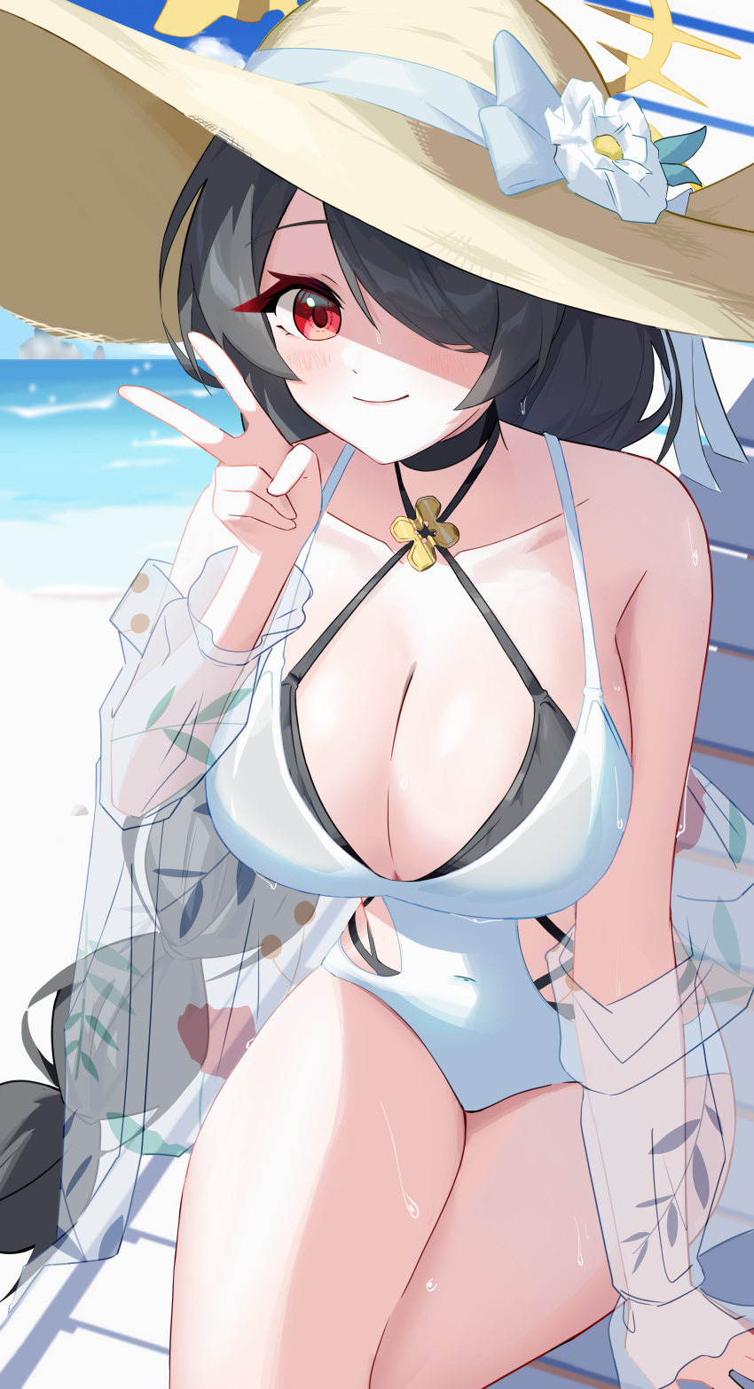 absurdres arm_up beach_chair black_hair blue_archive blue_ribbon breasts flower hair_over_one_eye halo halterneck hat hat_flower hat_ribbon highres hinata_(blue_archive) hinata_(swimsuit)_(blue_archive) large_breasts light_smile loais one-piece_swimsuit red_eyes ribbon sun_hat swimsuit v