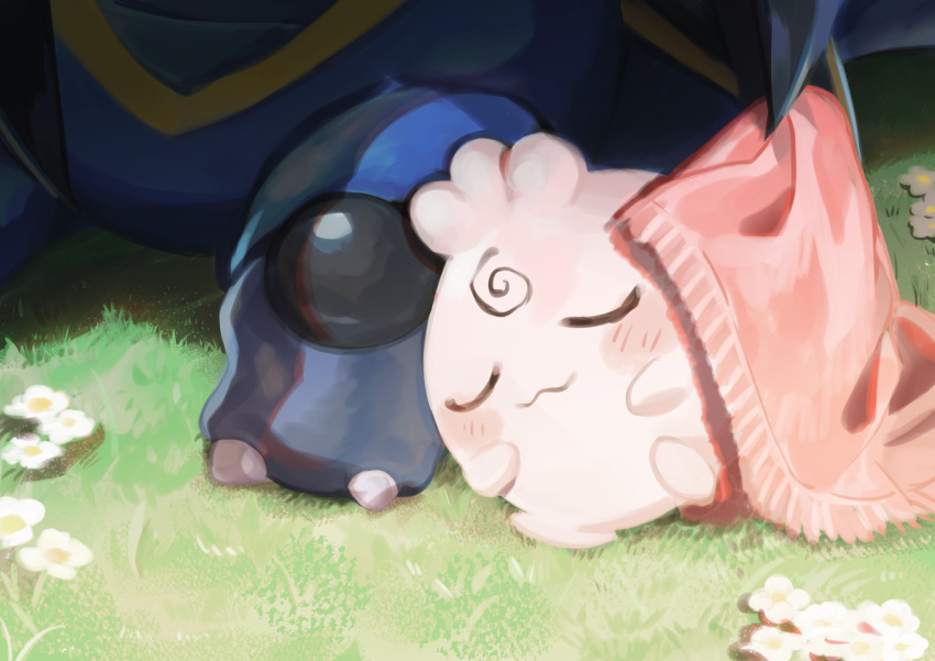 :3 abe_(kumayu) armaldo blanket blush closed_eyes closed_mouth commentary_request day flower grass highres igglybuff leaning no_humans outdoors pokemon pokemon_(creature) sleeping smile white_flower