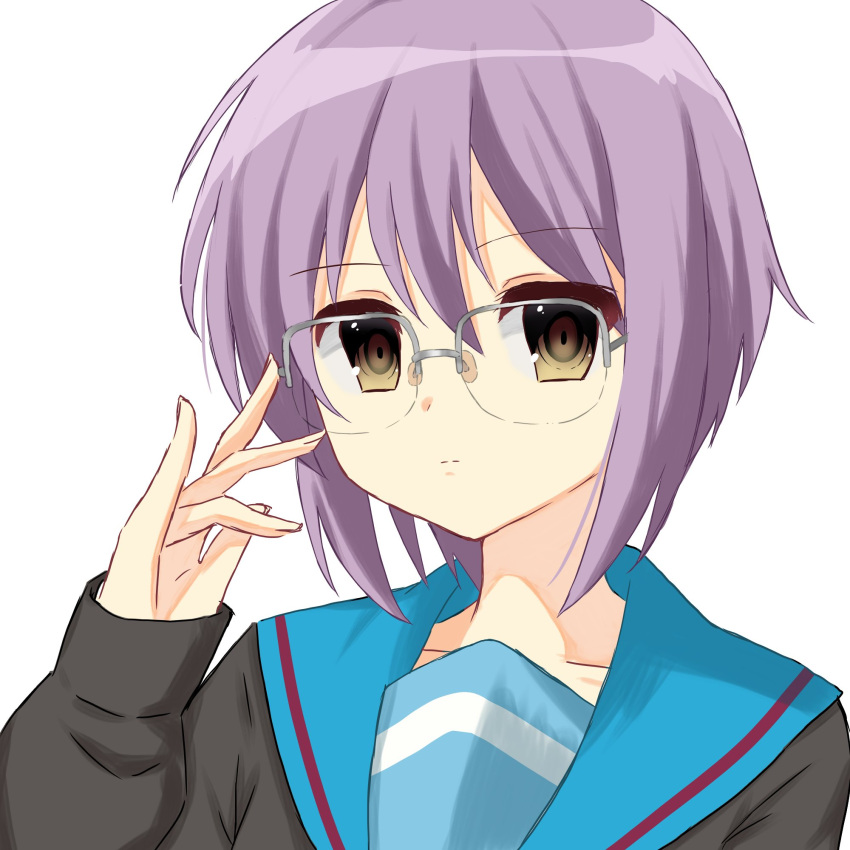 1girl adjusting_eyewear black_cardigan blue_sailor_collar brown_eyes cardigan collarbone commentary_request glasses grey-framed_eyewear hair_between_eyes hamachi_0414 highres kita_high_school_uniform long_sleeves nagato_yuki over-rim_eyewear purple_hair sailor_collar school_uniform semi-rimless_eyewear serafuku short_hair simple_background solo suzumiya_haruhi_no_yuuutsu white_background winter_uniform