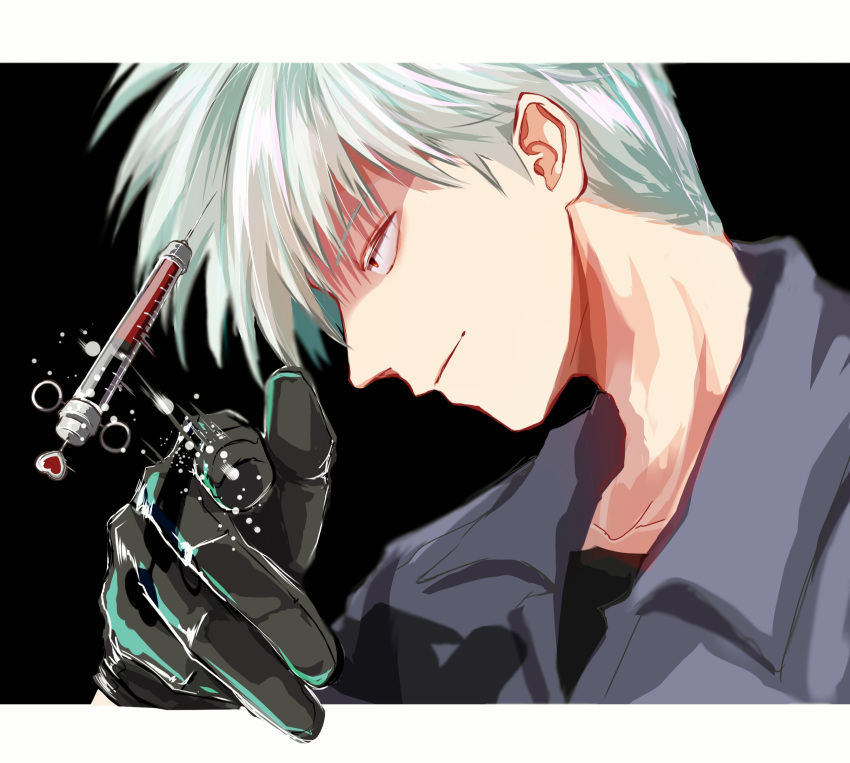 1boy absurdres akagi:_yami_ni_oritatta_tensai akagi_shigeru black_background black_gloves black_shirt blood closed_mouth collared_shirt commentary_request fugusashi_(fgss2089) fukumoto_mahjong gloves grey_hair grey_shirt highres letterboxed looking_afar male_focus medium_bangs profile red_eyes shaded_face shirt short_hair simple_background smile solo syringe undershirt