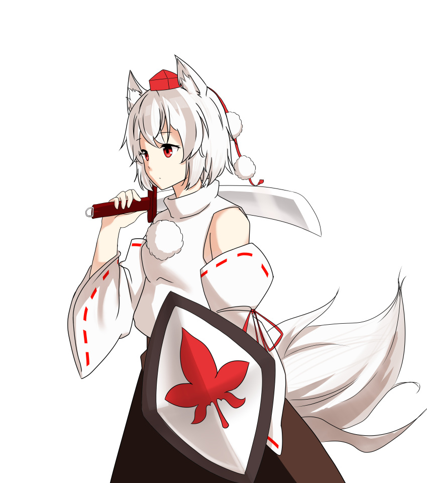 1girl absurdres animal_ear_fluff animal_ears bare_shoulders black_skirt cclbzxiaoming detached_sleeves hat headwear_request highres holding holding_sword holding_weapon inubashiri_momiji leaf maple_leaf pom_pom_(clothes) red_eyes ribbon-trimmed_sleeves ribbon_trim shield shirt short_hair simple_background skirt solo sword tail tokin_hat touhou weapon white_background white_hair white_shirt white_sleeves wolf_ears wolf_girl wolf_tail