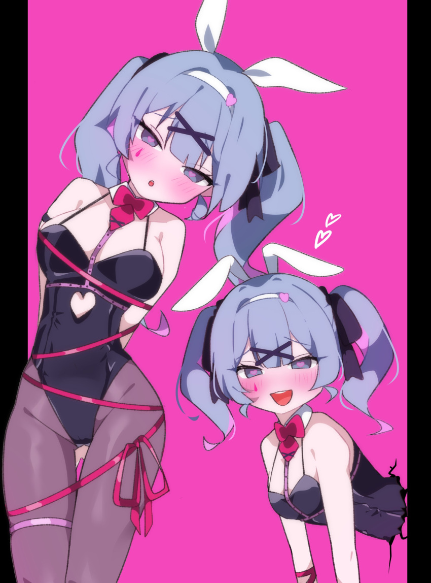 1girl :d :o absurdres animal_ears arms_behind_back bare_shoulders black_leotard black_pantyhose blue_eyes blue_hair bound breasts cleavage clothing_cutout detached_collar fake_animal_ears hair_intakes hair_ornament hairband hatsune_miku heart heart-shaped_pupils highleg highleg_leotard highres hole_in_wall large_breasts lattes2 leaning_to_the_side leotard long_hair looking_at_viewer multiple_views open_mouth pantyhose pillarboxed pink_background rabbit_ears rabbit_hole_(vocaloid) restrained ribbon ribbon_bondage sidelocks smile stomach_cutout symbol-shaped_pupils teardrop_facial_mark through_wall twintails vocaloid white_hairband x_hair_ornament