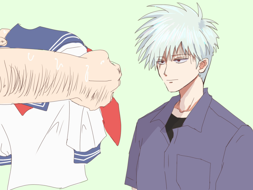 2boys akagi:_yami_ni_oritatta_tensai akagi_shigeru arm_hair black_shirt blue_sailor_collar closed_mouth collared_shirt commentary_request fugusashi_(fgss2089) fukumoto_mahjong gloom_(expression) green_background grey_hair grey_shirt highres holding holding_clothes holding_shirt looking_at_another male_focus medium_bangs multiple_boys nangou_(akagi) neckerchief red_eyes red_neckerchief sailor_collar school_uniform serafuku shirt short_hair simple_background solo_focus undershirt upper_body