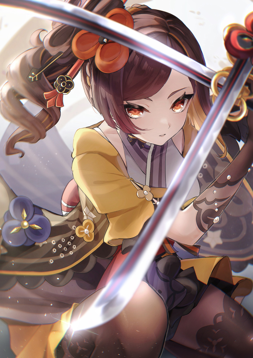 1girl black_gloves black_pantyhose brown_hair chiori_(genshin_impact) commentary_request drill_hair drill_ponytail dual_wielding genshin_impact gloves grey_kimono hair_ornament highres holding holding_sword holding_weapon japanese_clothes katana kimono long_hair looking_at_viewer pantyhose red_eyes sash skirt sleeveless sleeveless_kimono solo squatting sword ura_(hamburg_oniku) weapon yellow_skirt