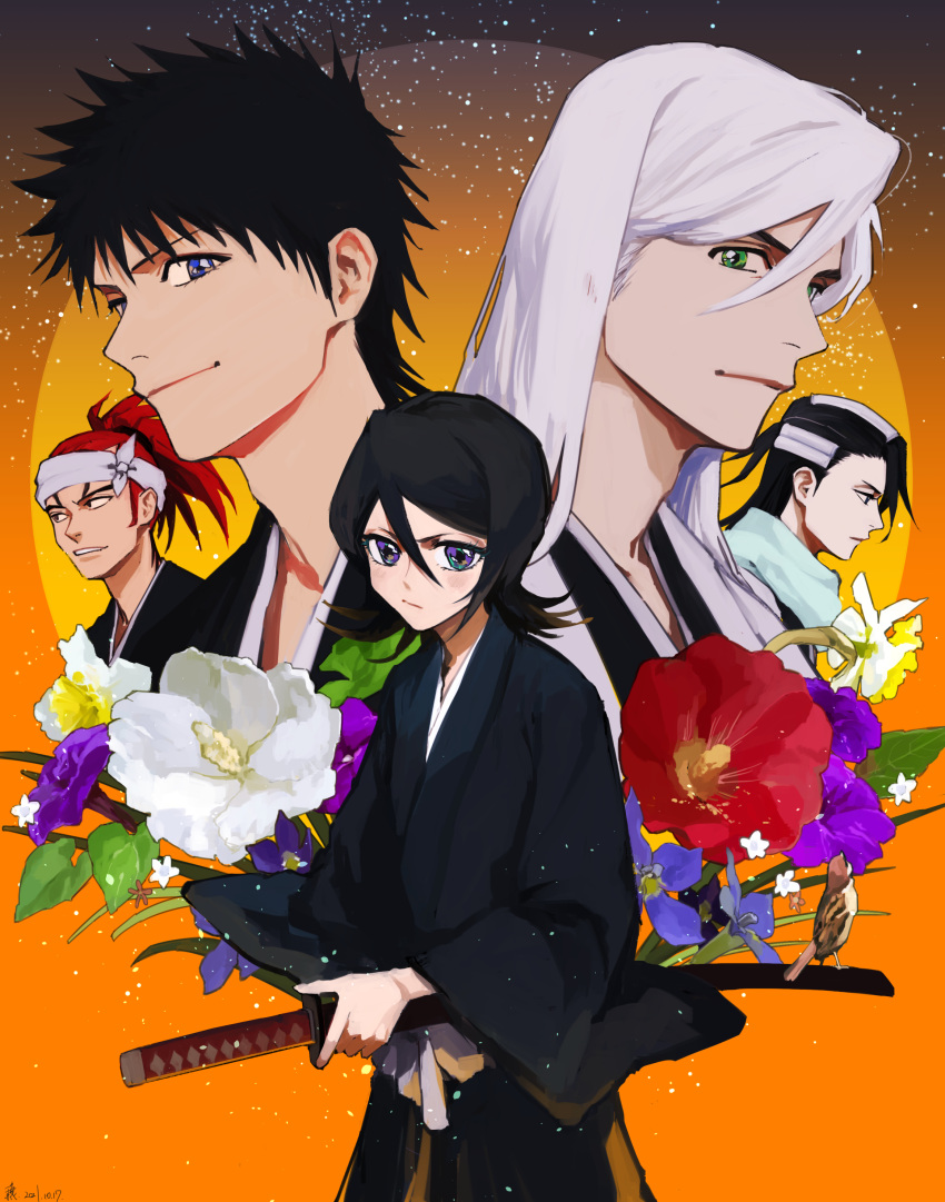 1girl 4boys :/ :| abarai_renji absurdres belt black_hair black_kimono bleach blue_eyes blue_flower closed_mouth flower green_eyes headband highres holding holding_sword holding_weapon japanese_clothes jou_(jo_jjo) katana kimono kuchiki_byakuya kuchiki_rukia long_hair medium_hair multiple_boys orange_background ponytail purple_flower red_flower red_hair shiba_kaien short_hair simple_background spiked_hair standing sword ukitake_juushirou weapon white_belt white_flower white_hair white_haori white_headband