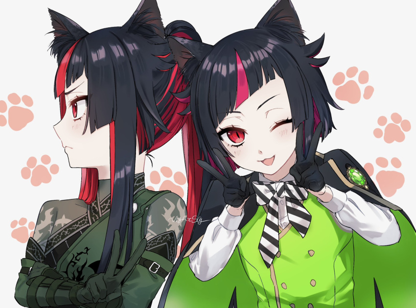 2boys ;3 androgynous animal_ear_fluff animal_ears arm_belt artist_name belt black_belt black_bow black_coat black_gloves black_hair blunt_bangs blunt_ends blush bow bowtie brooch cat_boy cat_ears chest_protector closed_mouth coat commentary crossed_arms diagonal_bangs double_v dual_persona elbow_gloves gloves green_gloves green_shirt green_vest hair_flaps highres jewelry kemonomimi_mode lilia_vanrouge long_hair long_sleeves looking_at_viewer male_focus multicolored_hair multiple_boys night_raven_college_uniform one_eye_closed open_mouth paw_print pink_hair ponytail red_eyes red_hair school_uniform shirt short_hair signature simple_background streaked_hair striped_bow symbol-only_commentary thorn_print tsun_(thornforest_186) twisted_wonderland two-tone_hair upper_body v vest white_background white_shirt