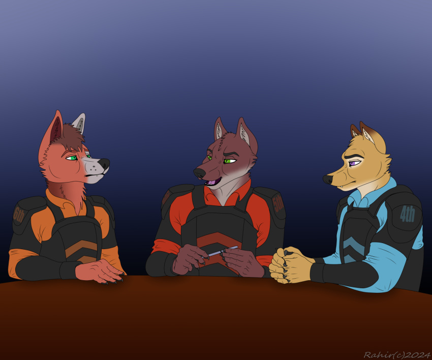 alisterwilde anthro armor canid canine canis debate digital_media_(artwork) domestic_dog furniture gradient_background group hi_res male mammal simple_background sitting table tagme talk trio wolf