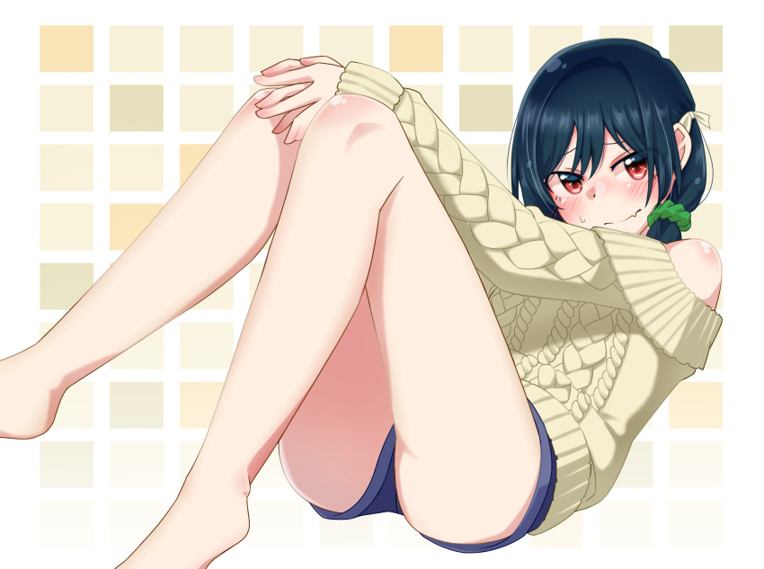 1girl bare_shoulders barefoot black_hair blue_shorts blush closed_mouth commentary_request fang fang_out furrowed_brow hair_ornament hair_ribbon hair_scrunchie highres long_sleeves looking_at_viewer love_live! love_live!_nijigasaki_high_school_idol_club mifune_shioriko red_eyes ribbon scrunchie short_hair short_shorts shorts sidelocks skin_fang solo sweat sweater tetetsu_(yuns4877) yellow_ribbon yellow_sweater