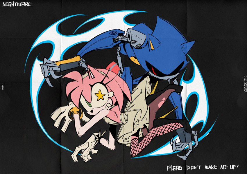 1boy 1girl amy_rose animal_nose armor asymmetrical_legwear bare_back black_footwear blue_armor bracelet brown_pantyhose claws dodging dress fishnet_thighhighs fishnets gloves green_eyes hairband hedgehog_ears hedgehog_girl highres jewelry long_eyelashes metal_sonic mojunpwo pantyhose pink_fur pink_hair red_eyes robot short_hair single_leg_pantyhose sonic_(series) spiked_bracelet spikes star-shaped_pupils star_(symbol) symbol-shaped_pupils teardrop thighhighs white_dress white_gloves white_hairband