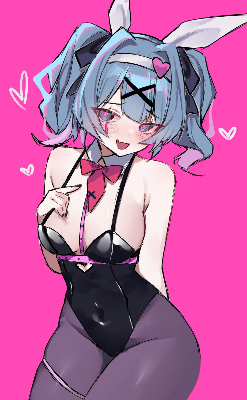 1girl :d absurdres animal_ears arm_behind_back bare_shoulders black_leotard black_nails black_pantyhose blue_eyes blue_hair blush bow bowtie breasts contrapposto covered_navel detached_collar fake_animal_ears hair_intakes hairband hatsune_miku heart highleg highleg_leotard highres large_breasts leotard looking_at_viewer miclipse nail_polish open_mouth pantyhose pink_background pink_pupils playboy_bunny rabbit_ears rabbit_hole_(vocaloid) red_bow red_bowtie short_hair short_twintails sidelocks simple_background smile solo teardrop_facial_mark twintails white_hairband