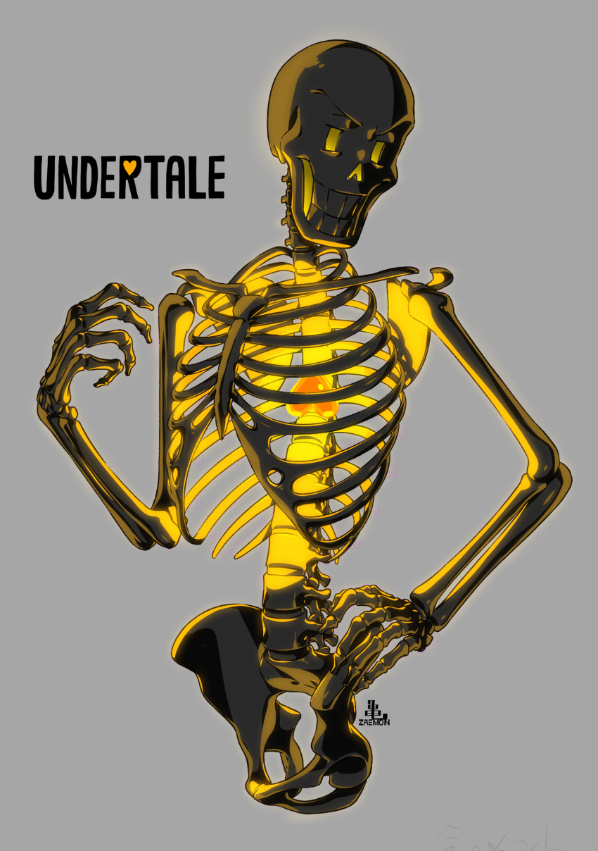 1boy alternate_color bone cel_shading commentary_request copyright_name cropped_torso glowing grey_background grin hand_on_own_hip hand_up heart highres hip_bones kamezaemon limited_palette male_focus papyrus_(undertale) ribs simple_background skeleton smile solo spine teeth undertale upper_body