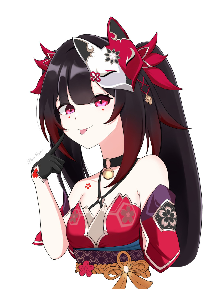 1girl :p akanbe bare_shoulders bell black_choker black_gloves bow brown_hair choker closed_mouth criss-cross_halter cropped_arm cropped_torso detached_sleeves dress eyelid_pull finger_to_cheek fox_mask from_side gloves gradient_hair hair_bow halterneck highres honkai:_star_rail honkai_(series) iko.nano long_hair looking_at_viewer mask mask_on_head multicolored_hair neck_bell o-ring obi pink_eyes red_bow red_dress red_hair red_sleeves sash short_sleeves simple_background sleeveless sleeveless_dress solo sparkle_(honkai:_star_rail) tongue tongue_out twintails twitter_username white_background