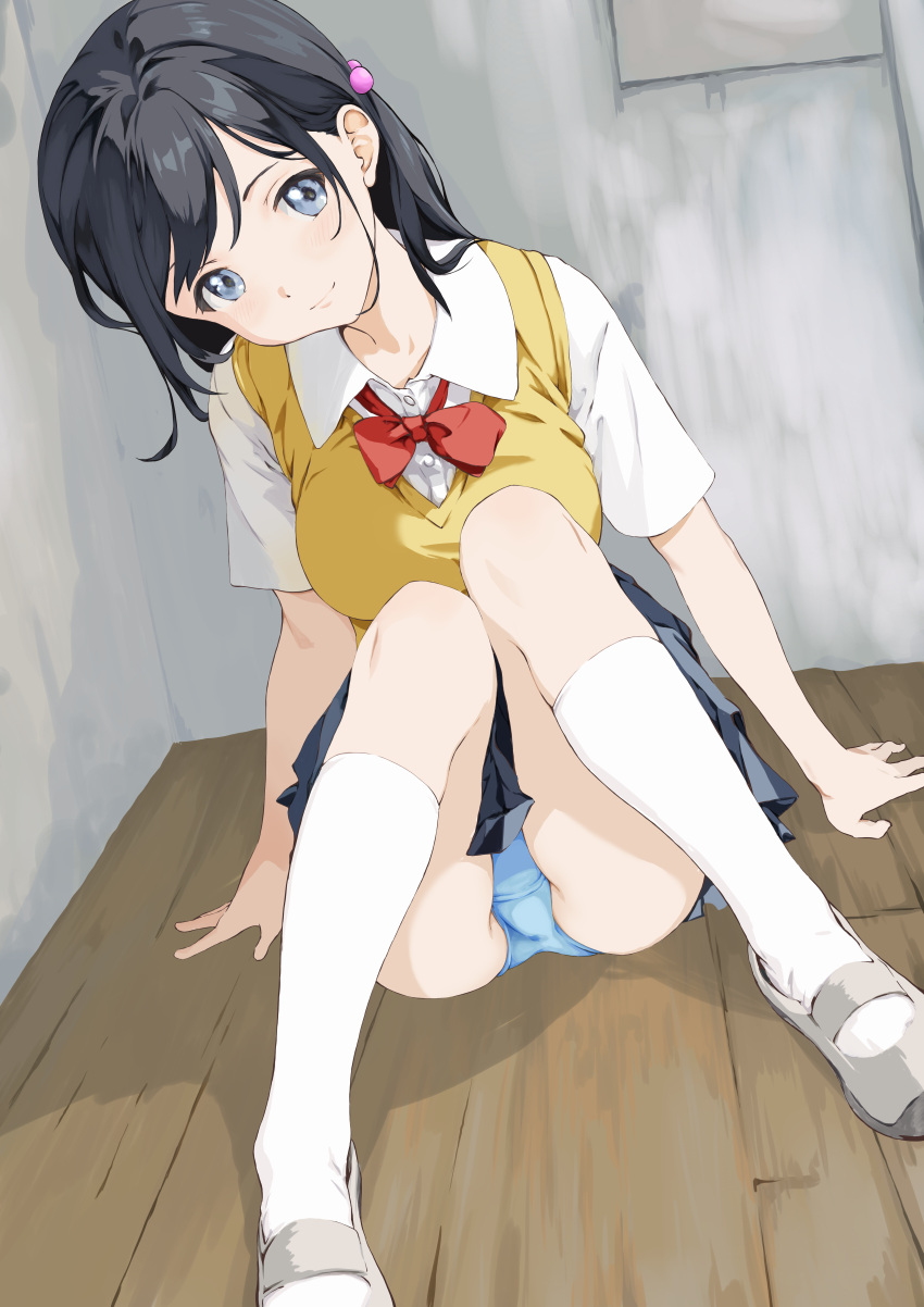 1girl absurdres black_hair black_skirt blue_eyes blue_panties bow bowtie closed_mouth collared_shirt commentary_request grey_footwear highres kneehighs long_hair looking_at_viewer original panties pomerachi red_bow red_bowtie school_uniform shirt shoes short_sleeves sitting skirt smile socks solo sweater_vest underwear uwabaki white_shirt white_socks wooden_floor yellow_sweater_vest