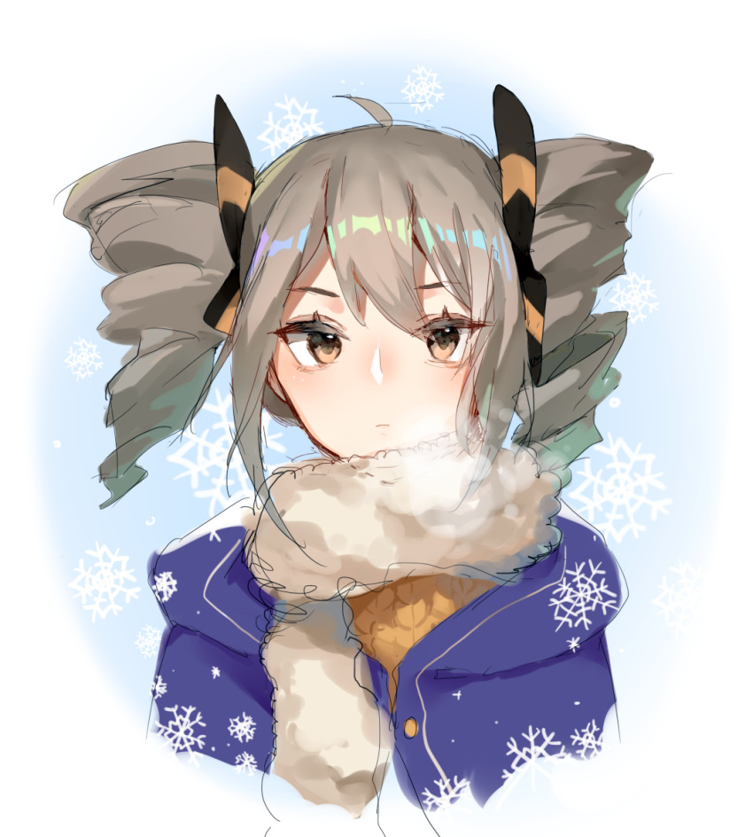 1girl ahoge black_bow blue_jacket bow bronya_zaychik bronya_zaychik_(snowy_sniper) closed_mouth cropped_torso drill_hair english_commentary grey_eyes grey_hair hair_bow honkai_(series) honkai_impact_3rd jacket juine looking_at_viewer scarf shirt snowflakes solo twin_drills white_background white_scarf yellow_shirt