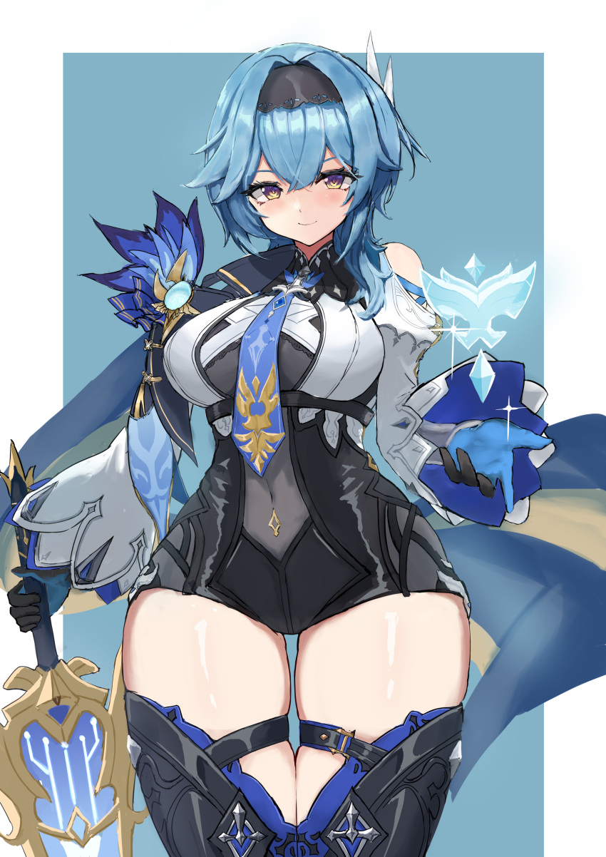 1girl absurdres black_hairband blue_background blue_cape blue_gloves blue_hair blue_necktie blush boots border breasts cape chest_harness clothing_cutout covered_navel cowboy_shot eula_(genshin_impact) flower-land genshin_impact gloves gradient_eyes greatsword hair_between_eyes hair_ornament hairband harness high-waist_shorts highres holding holding_sword holding_weapon large_breasts medium_hair multicolored_eyes necktie object_floating_above_hand purple_eyes shorts shoulder_cutout side_cape sidelocks skindentation smile solo song_of_broken_pines_(genshin_impact) straight-on sword thick_thighs thigh_boots thigh_gap thighs two-tone_eyes vision_(genshin_impact) weapon white_border wide_sleeves yellow_eyes