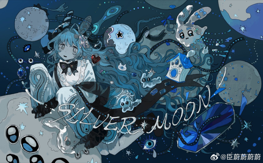 1girl bare_legs blue_background blue_theme bright_pupils chenweiweiweiwei chinese_commentary colored_skin commission curly_hair disembodied_eye dotted_line dress english_text eyeball floating frilled_sleeves frills full_body grey_eyes grey_skin highres house long_hair looking_at_viewer mirror moon open_mouth orb original rabbit sleeves_past_fingers sleeves_past_wrists solo space star_(symbol) teardrop unworn_eyewear very_long_hair weibo_logo weibo_username white_dress white_pupils