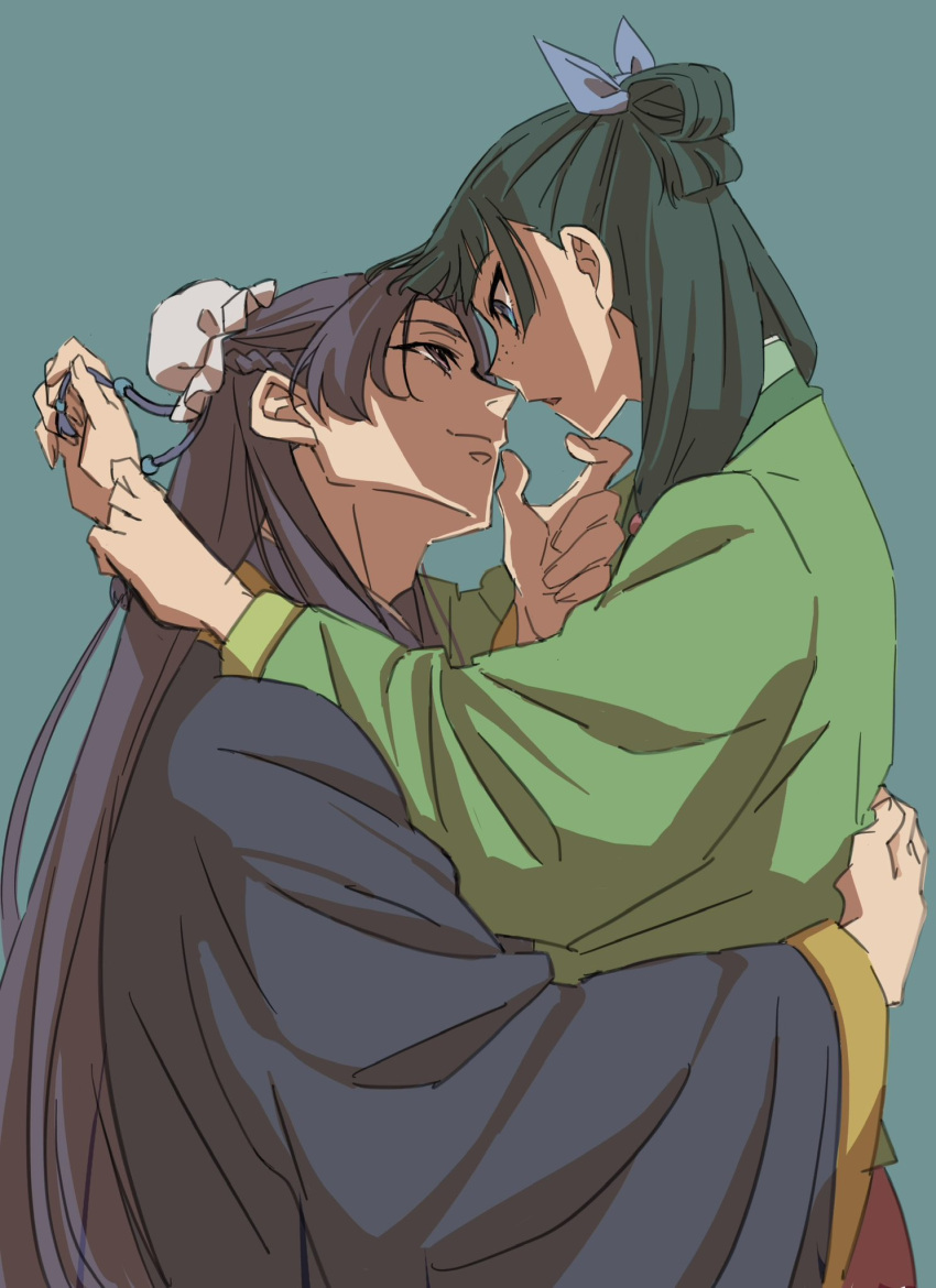 1boy 1girl ayamame beads blue_eyes blue_hanfu blunt_bangs bun_cover chinese_clothes commentary_request face-to-face freckles green_hanfu green_robe hair_beads hair_ornament hand_on_another's_back hand_up hanfu highres jinshi_(kusuriya_no_hitorigoto) kusuriya_no_hitorigoto looking_at_another maomao_(kusuriya_no_hitorigoto) parted_lips profile purple_eyes robe smile standing upper_body wide_sleeves