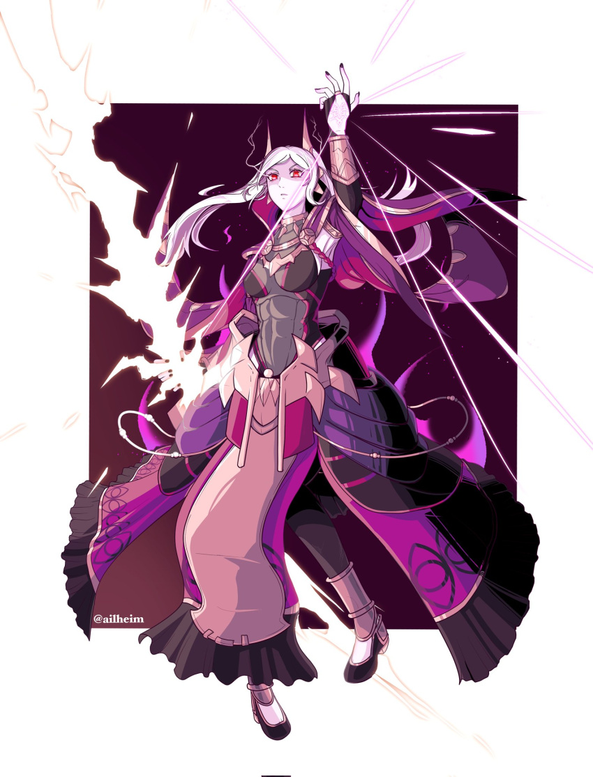 1girl ailheim aura breasts cape cleavage dark_aura dark_persona eyes_of_grima fire_emblem fire_emblem_awakening fire_emblem_cipher fire_emblem_heroes grima_(fire_emblem) hair_ornament hand_tattoo hand_up highres jewelry long_hair medium_breasts official_alternate_costume possessed red_eyes robin_(female)_(fell_tactician)_(fire_emblem) robin_(female)_(fire_emblem) robin_(fire_emblem) see-through see-through_cleavage skin_tight solo tattoo toned twintails twitter_username white_background white_hair