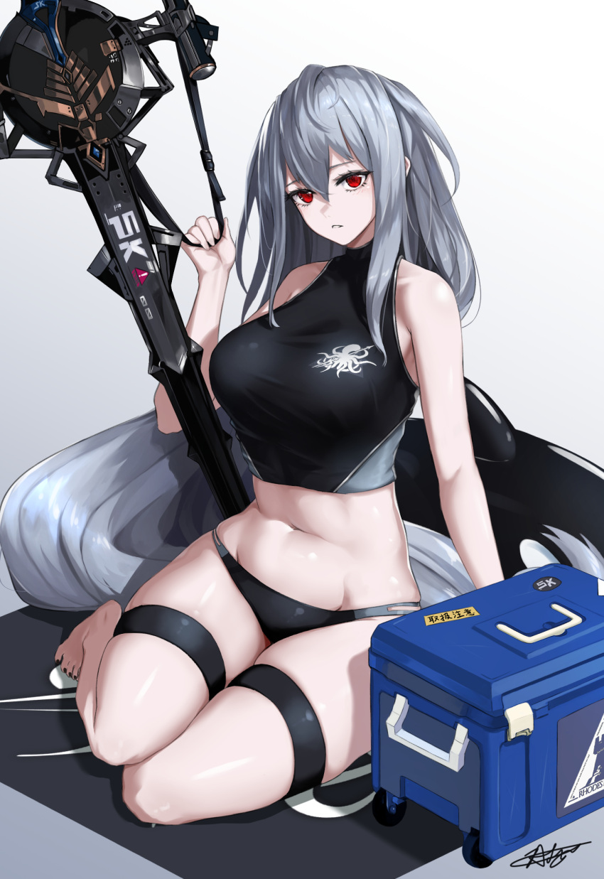 1girl abyssal_hunters_logo arknights bare_arms bare_shoulders barefoot black_shirt chaciooh commentary_request crop_top gradient_background grey_background grey_hair groin highres long_hair looking_at_viewer midriff navel no_headwear red_eyes rhodes_island_logo_(arknights) shirt sitting skadi_(arknights) sleeveless sleeveless_shirt solo stomach sword thigh_strap thighs very_long_hair weapon