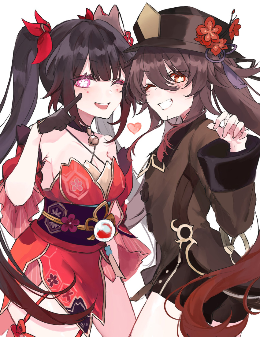 2girls ;d bare_shoulders black_hair black_headwear black_sash black_shirt black_shorts breasts cleavage commentary_request cowboy_shot detached_sleeves facial_mark genshin_impact grin heart highres honkai:_star_rail honkai_(series) hu_tao_(genshin_impact) long_hair looking_at_viewer mask mask_on_head multiple_girls obi one_eye_closed pink_eyes sash shinoo0915 shirt short_shorts short_sleeves shorts small_breasts smile sparkle_(honkai:_star_rail) standing thighs twintails very_long_hair