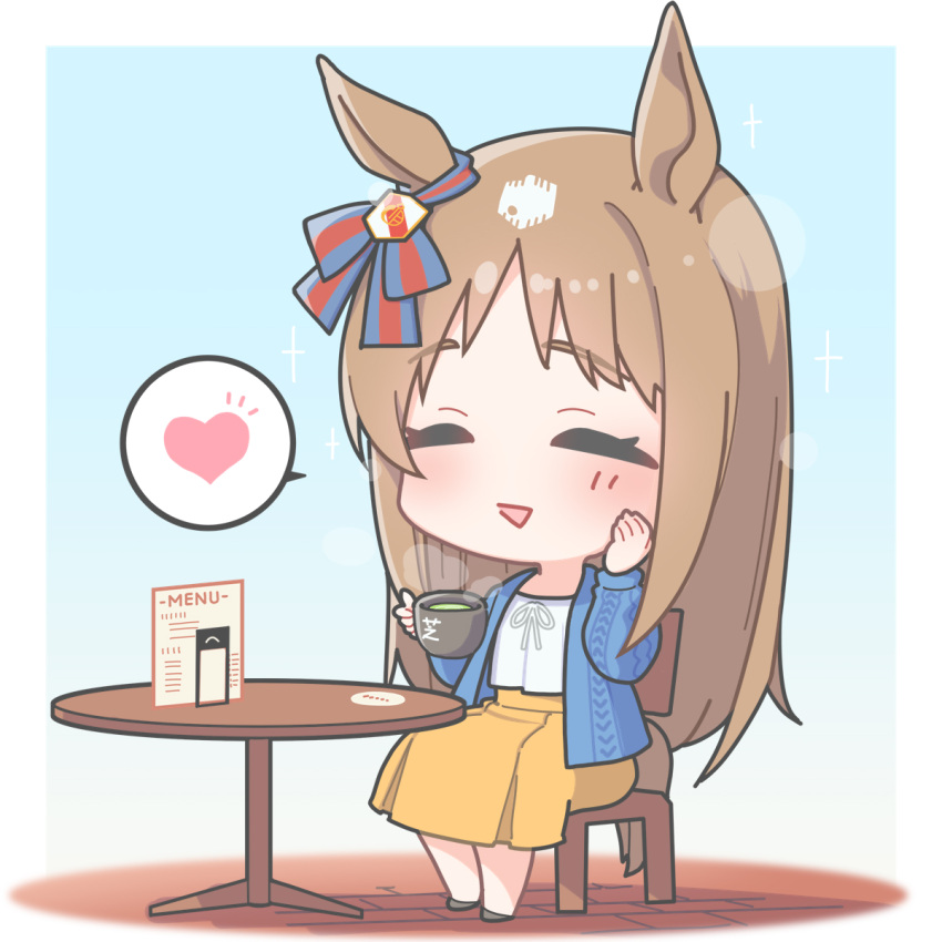 1girl animal_ears blue_ribbon blush chair chibi closed_eyes commentary cup ear_ribbon grass_wonder_(umamusume) hand_on_own_cheek hand_on_own_face hands_up heart highres holding holding_cup horse_ears horse_girl horse_tail light_brown_hair long_hair long_sleeves menu multicolored_hair no_nose on_chair open_clothes open_mouth red_ribbon ribbon shirt sitting skirt smile solo sparkle spoken_heart steam streaked_hair table tail umamusume warashi white_ribbon white_shirt yellow_skirt