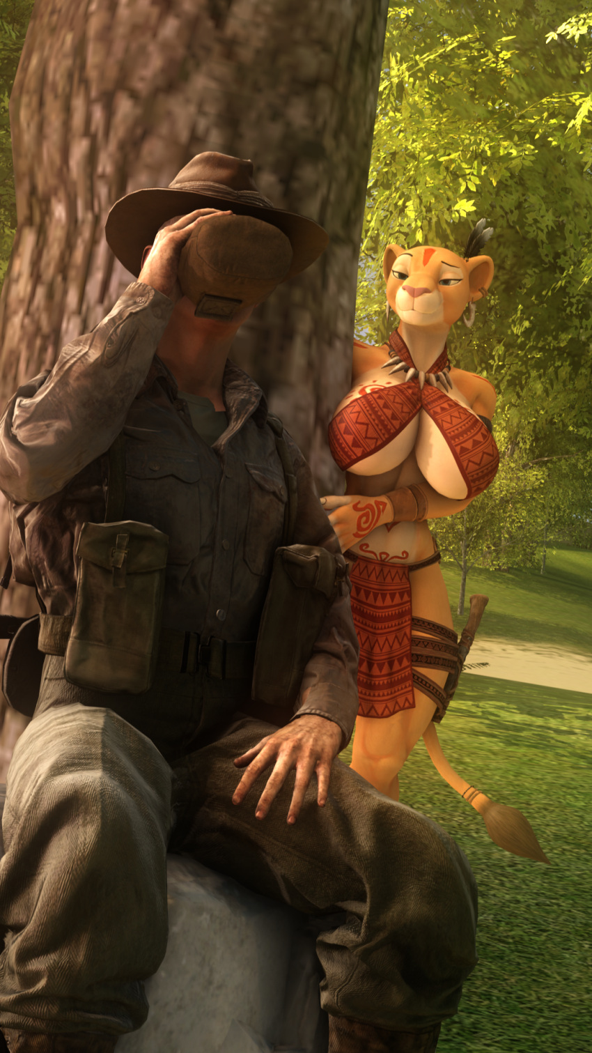 3d_(artwork) anthro bottomwear bra breasts canteen cleavage clothed clothing digital_media_(artwork) disney duo felid female hat headgear headwear hi_res human lion loincloth male mammal nala_(mayosplash) nala_(the_lion_king) pantherine park_ranger plant sanguine_paladin source_filmmaker stalking the_lion_king tree tribal tribal_clothing underwear