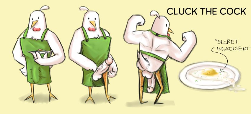 ambiguous_gender anthro apron apron_only avian balls beak big_penis bird bodily_fluids chef chicken clothing digital_media_(artwork) egg fan_character feathers galliform gallus_(genus) genital_fluids genitals hi_res humanoid male mammal mostly_nude muscular notsafeforwanking nude penis phasianid simple_background solo white_body