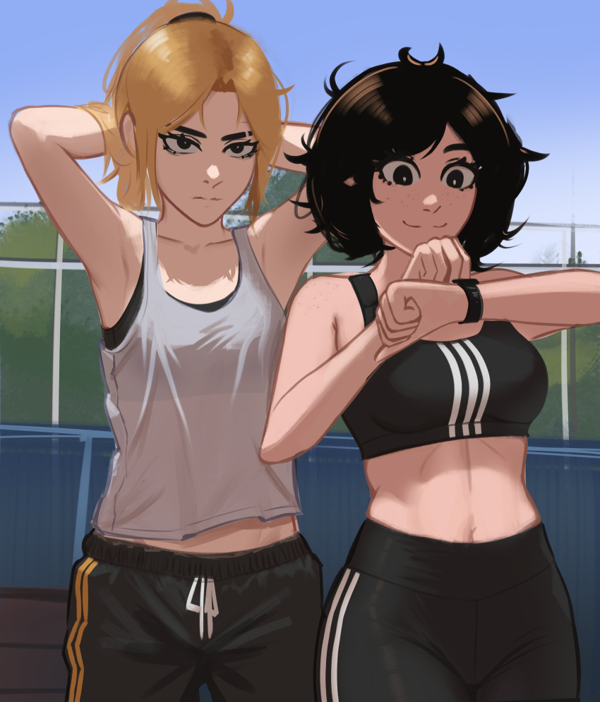 2girls absurdres adidas armpits arms_behind_head arms_up black_eyes black_hair black_leggings black_sports_bra blonde_hair breasts freckles grey_tank_top highres leggings looking_at_watch medium_breasts medium_hair messy_hair midriff_peek multiple_girls navel original outdoors pants see-through see-through_shirt short_hair sky small_breasts smile split_mouth sports_bra stadium stomach striped_clothes tank_top tight_clothes tight_pants tomboy track_pants tying_hair vertical-striped_sports_bra veyonis yoga_pants