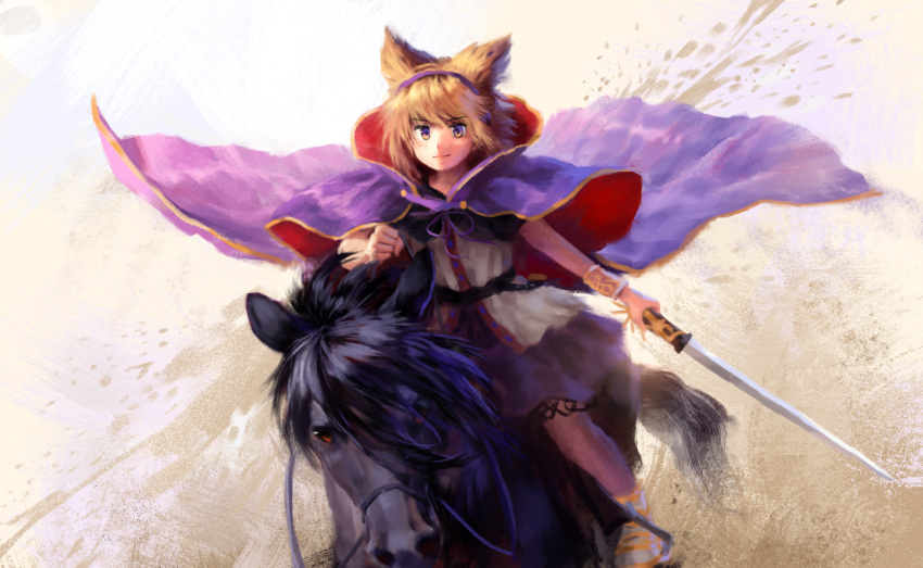 1girl black_horse blonde_hair bracelet cape closed_mouth commentary_request earmuffs highres holding holding_reins holding_sword holding_weapon horse horseback_riding jewelry pointy_hair purple_cape red_cape red_eyes reins riding saddle satellitedragon shoes short_hair smile solo sword touhou toyosatomimi_no_miko two-sided_cape two-sided_fabric weapon yellow_eyes