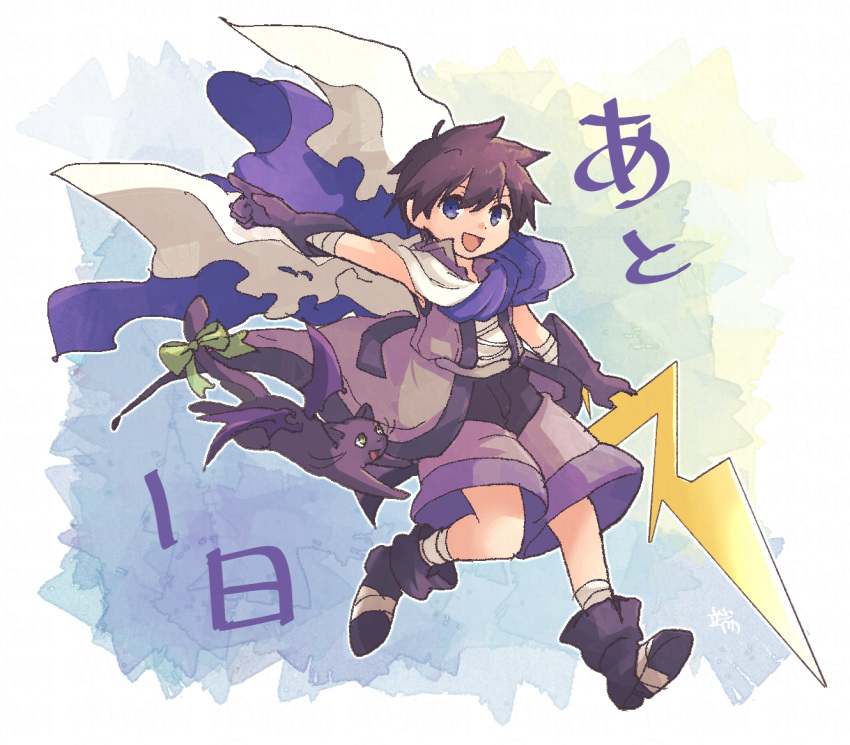 1boy bandaged_ankle bandaged_wrist bandages bat_wings black_cat black_footwear black_gloves blue_background blue_cape blue_eyes boots bow brown_hair cape cat countdown ecthel_(riviera) full_body gloves green_bow hashino_ami holding holding_weapon open_mouth riviera rose_(riviera) short_hair shorts sleeveless smile tail tail_bow tail_ornament torn_clothes weapon wings