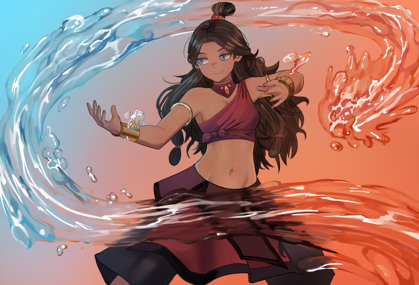 1girl armlet avatar:_the_last_airbender avatar_legends blue_eyes breasts brown_hair choker dark-skinned_female dark_skin element_bending highres hydrokinesis jourd4n katara long_hair midriff smile solo water