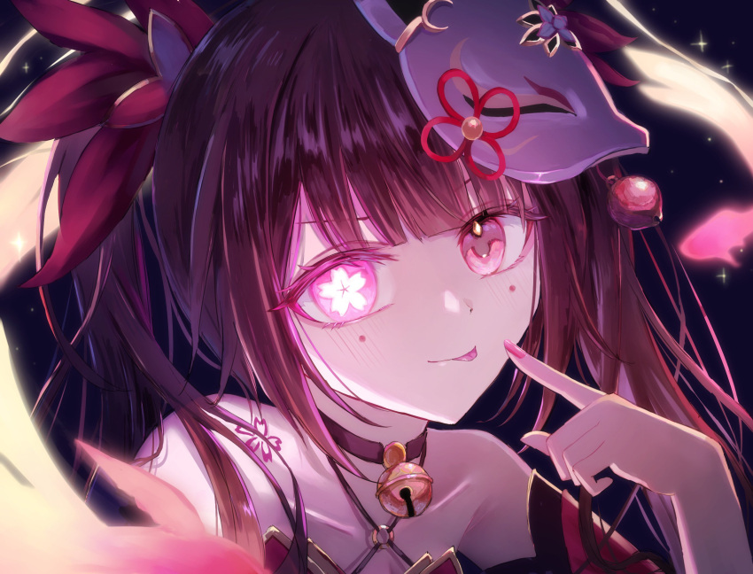 1girl 316_lp :p arm_up bare_shoulders bell black_background black_choker blush brown_hair chest_tattoo choker criss-cross_halter detached_sleeves eyeliner flower-shaped_pupils flower_tattoo fox_mask glowing glowing_eye hair_bell hair_ornament halterneck highres honkai:_star_rail honkai_(series) jingle_bell looking_at_viewer makeup mask mask_on_head mole mole_under_eye neck_bell o-ring pink_eyes pink_nails pointing pointing_at_self portrait red_sleeves simple_background smile solo sparkle_(honkai:_star_rail) symbol-shaped_pupils tattoo tongue tongue_out twintails