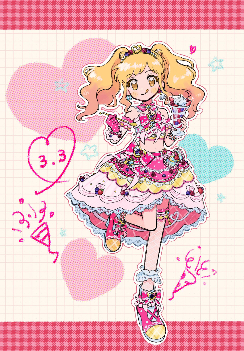 1girl :q aikatsu!_(series) aikatsu_stars! bare_shoulders blonde_hair blush bow bracelet bridal_garter brooch checkered_background dated dot_nose dress gloves gradient_hair happy_birthday heart heart_brooch highres holding idol jewelry lace-trimmed_skirt lace_trim looking_at_viewer medium_dress medium_hair midriff multicolored_hair navel nijino_yume orange_eyes ote parfait pink_dress pink_footwear skirt solo standing standing_on_one_leg tiara tongue tongue_out twintails