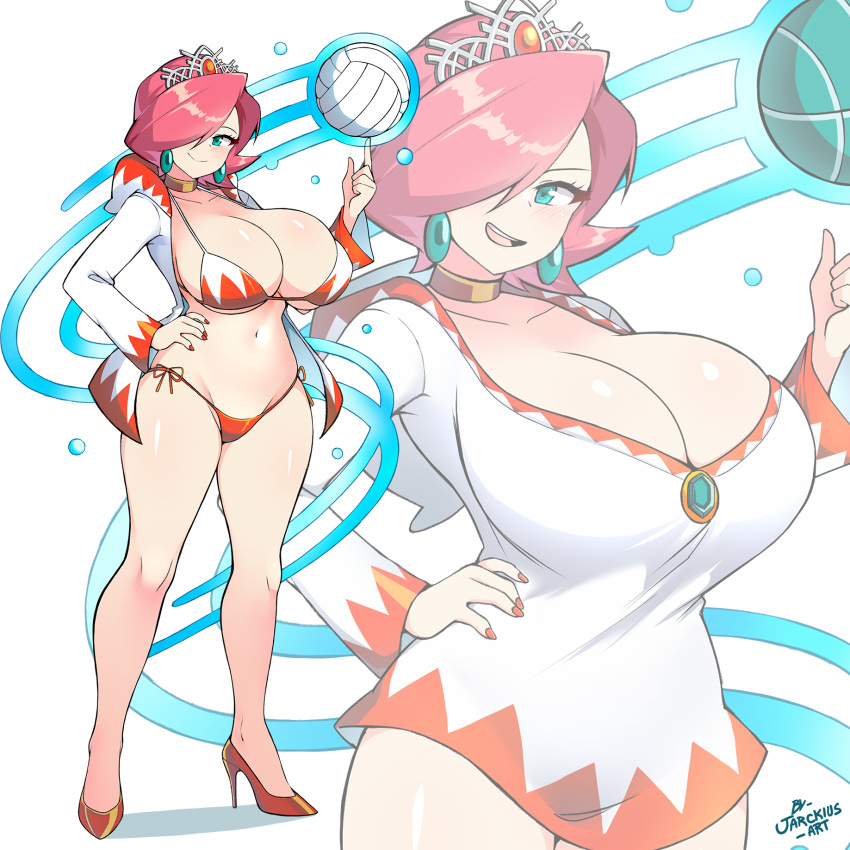 bare_legs basketball bikini breasts cleavage dress earrings full_body hair_over_one_eye hand_on_own_hip high_heels highres jarckius jewelry large_breasts magic mario_(series) mario_basketball_3on3 navel orange_nails pink_hair short_dress side-tie_bikini_bottom smile standing swimsuit telekinesis thighs tiara two-tone_bikini volleyball white_dress white_mage zoom_layer