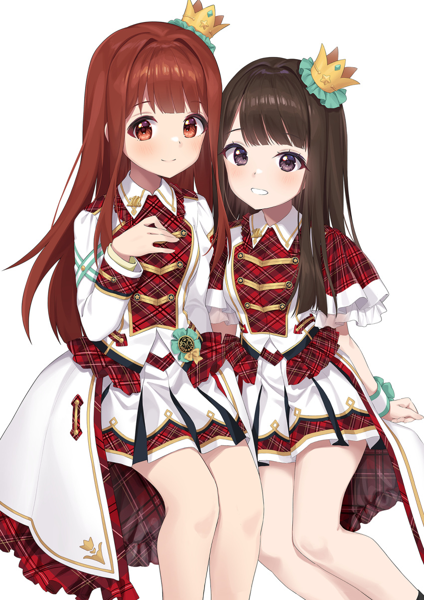 2girls animification black_hair blush brown_eyes brown_hair chobi_(penguin_paradise) closed_mouth collared_shirt commentary_request crown hand_up highres idolmaster idolmaster_million_live! long_hair long_sleeves looking_at_viewer mini_crown multiple_girls plaid plaid_shirt pleated_skirt purple_eyes real_life red_shirt shirt simple_background sitting skirt smile tanaka_kotoha taneda_risa tilted_headwear very_long_hair voice_actor white_background white_skirt