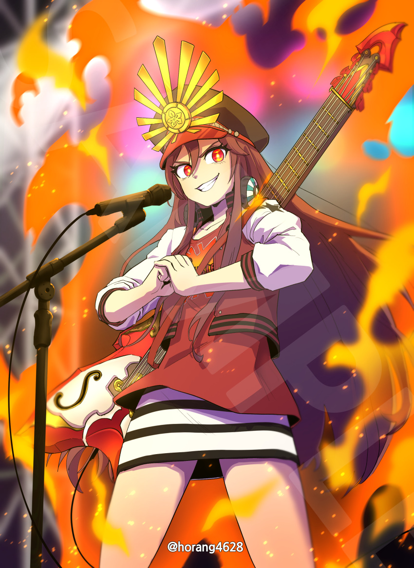 1girl absurdres black_headwear brown_hair buster_shirt collarbone commentary commission embers english_commentary eyelashes fate/grand_order fate_(series) fire fist_in_hand grin headphones headphones_around_neck highres horang4628 long_hair long_sleeves looking_at_viewer microphone_stand oda_nobunaga_(fate) oda_nobunaga_(swimsuit_berserker)_(fate) skirt smile solo striped_clothes striped_skirt twitter_username very_long_hair watermark