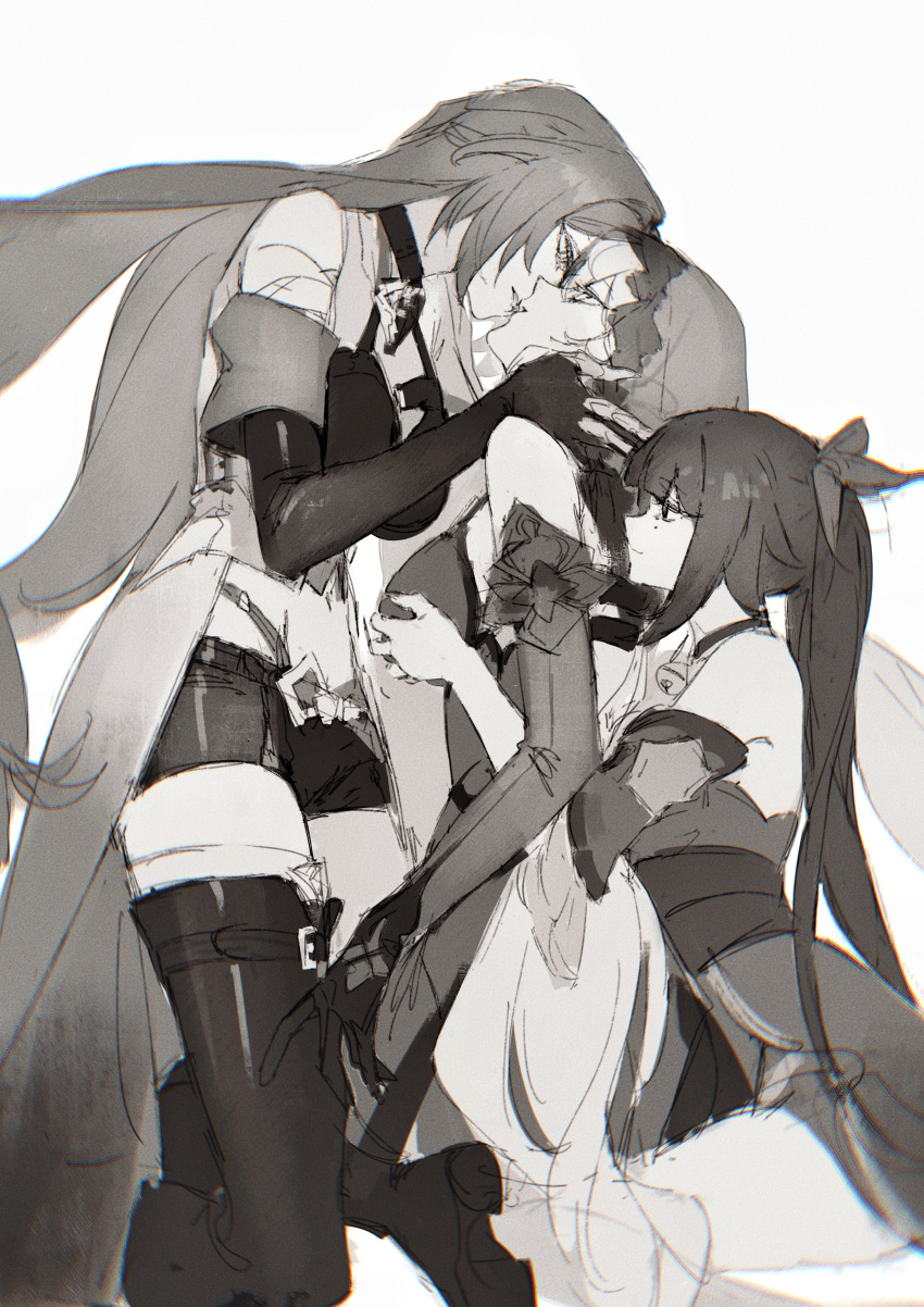 3girls absurdres acheron_(honkai:_star_rail) black_swan_(honkai:_star_rail) boots chinese_commentary eye_contact girl_sandwich grabbing grabbing_another's_breast greyscale group_sex hand_on_another's_neck hand_on_another's_thigh head_back highres honkai:_star_rail honkai_(series) huangjin_shizi imminent_kiss kneeling long_hair looking_at_another monochrome multiple_girls sandwiched sparkle_(honkai:_star_rail) thigh_boots threesome twintails veil yuri