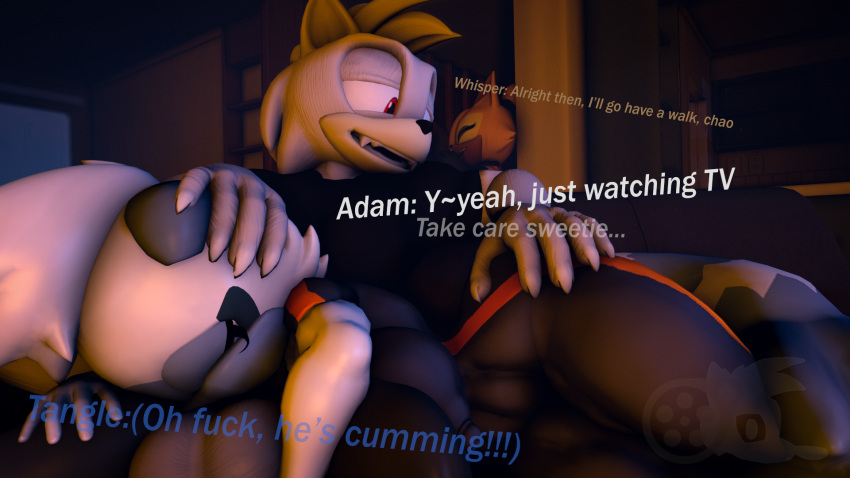 3d_(artwork) adam_(juicyducksfm) anthro big_penis black_clothing black_shirt black_topwear bodily_fluids bottomwear brown_body brown_skin canid canine canis clothed clothing couch_sex cum cum_in_mouth cum_inside deep_throat dialogue digital_media_(artwork) duo embarrassed fan_character fellatio female forced forced_oral fur furniture genital_fluids genitals hand_on_head hand_on_leg hand_on_thigh hi_res idw_publishing juicyducksfm lemur living_room looking_at_another lying male male/female mammal muscular muscular_male night nipples_outline on_side oral oral_penetration pants penetration penile penis primate red_eyes sega sex shirt sofa sonic_the_hedgehog_(comics) sonic_the_hedgehog_(idw) sonic_the_hedgehog_(series) source_filmmaker strepsirrhine tangle_the_lemur topwear tracksuit watching_tv whisper_the_wolf white_body white_fur wolf yellow_body yellow_fur