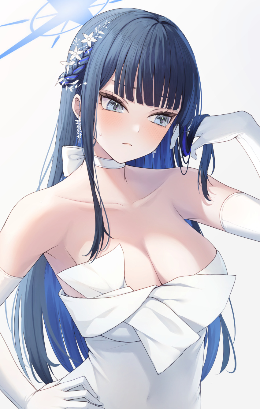 1girl bare_shoulders black_hair blue_archive blue_eyes blue_hair blue_halo blush braid breasts cleavage closed_mouth collarbone colored_inner_hair commentary_request dress earrings elbow_gloves french_braid gloves hair_ornament halo hand_on_own_hip hand_up highres jewelry large_breasts looking_to_the_side multicolored_hair official_alternate_costume primamiya saori_(blue_archive) saori_(dress)_(blue_archive) simple_background solo strapless strapless_dress white_background white_dress white_gloves